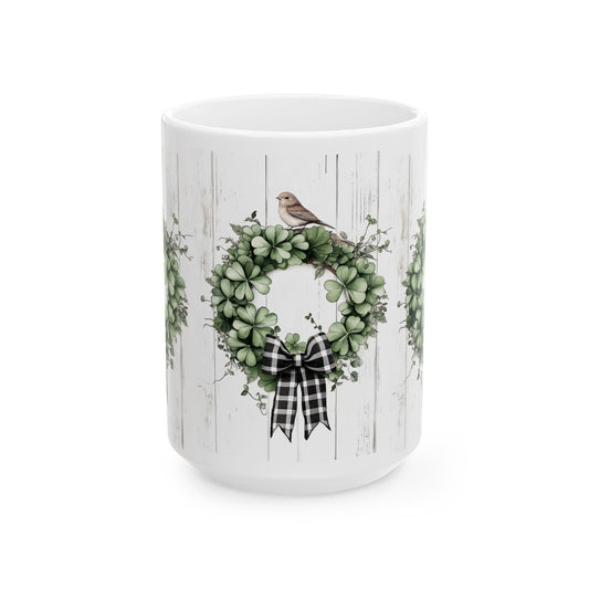 Green Wreath, Gift for Friends, Home Décor, Coffee Mug, Holiday Celebration