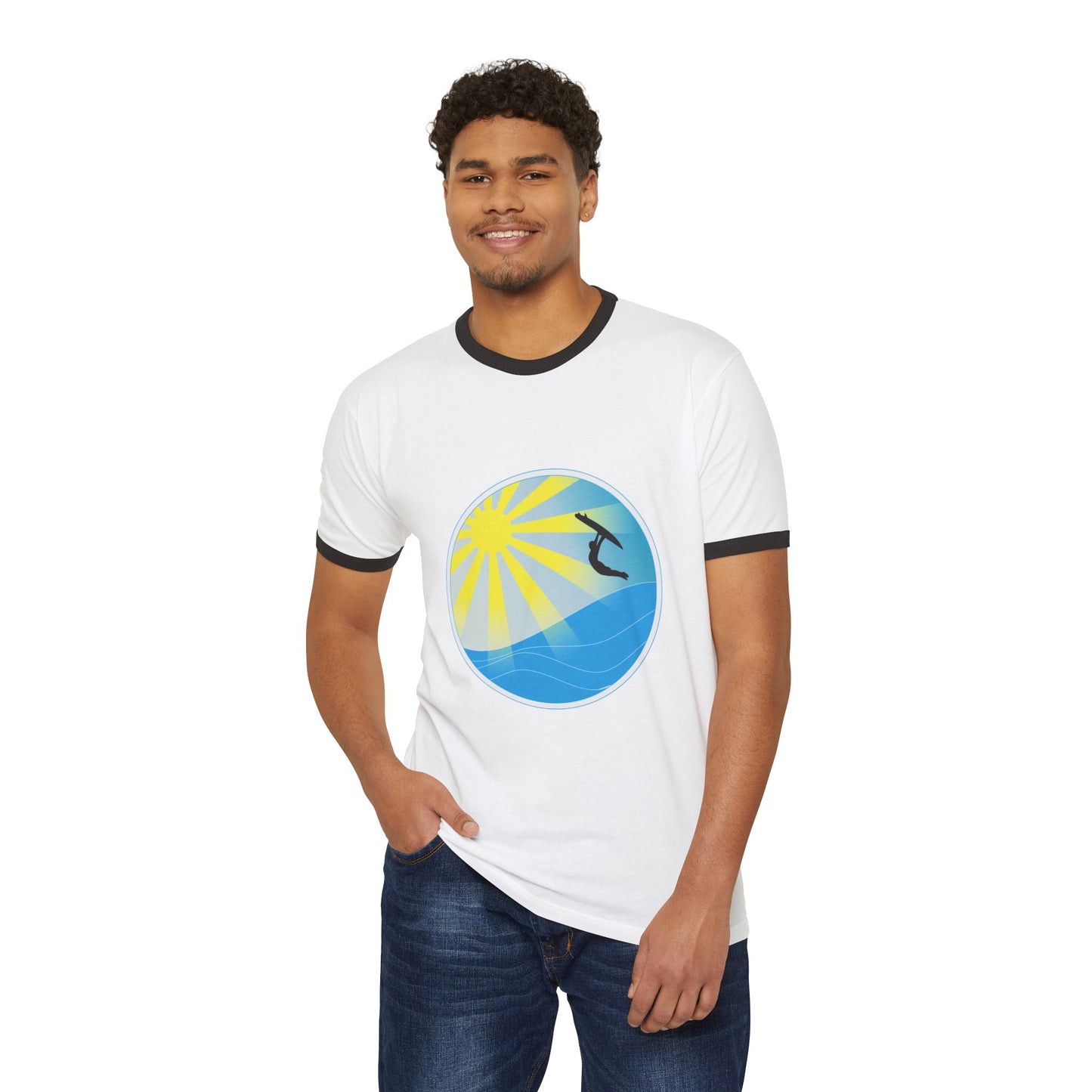 Surf Circle Ringer T-Shirt – Sunny Wave & Surfer Graphic
