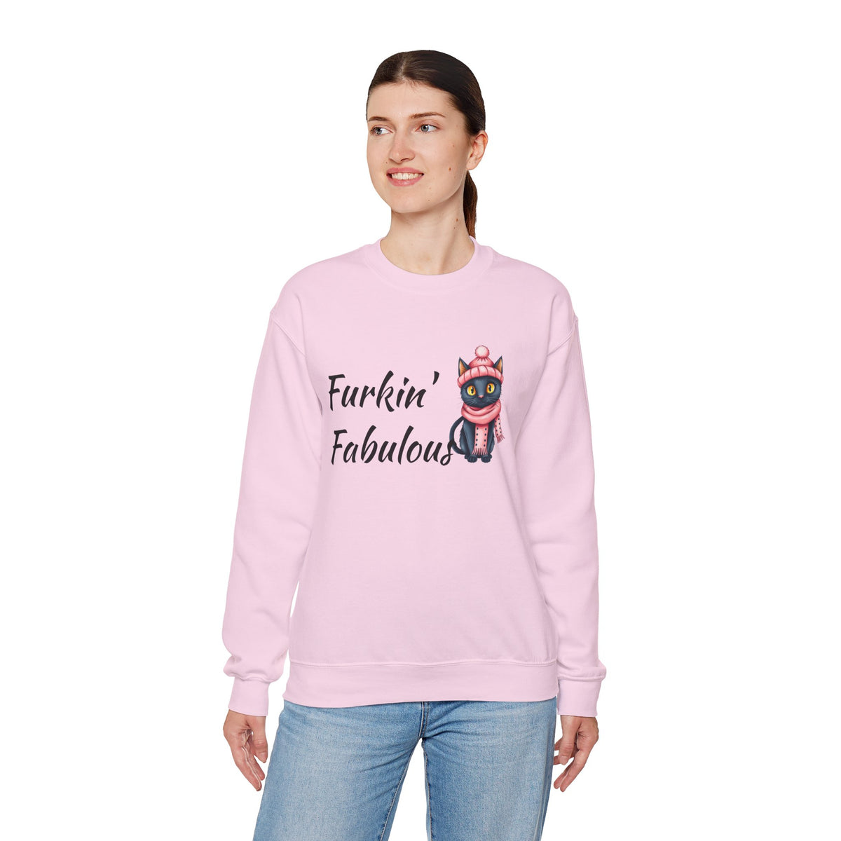 Crewneck Sweatshirt — "Furkin' Fabulous" Cute Black Cat in Pink Hat & Scarf