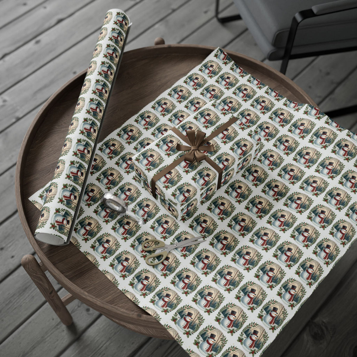 Snowman Wreath Christmas Wrapping Paper Roll — Festive Holiday Gift Wrap