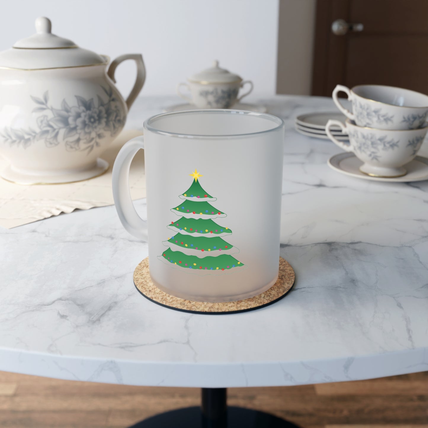 Frosted Glass Mug — Festive Christmas Tree Holiday Coffee Cup