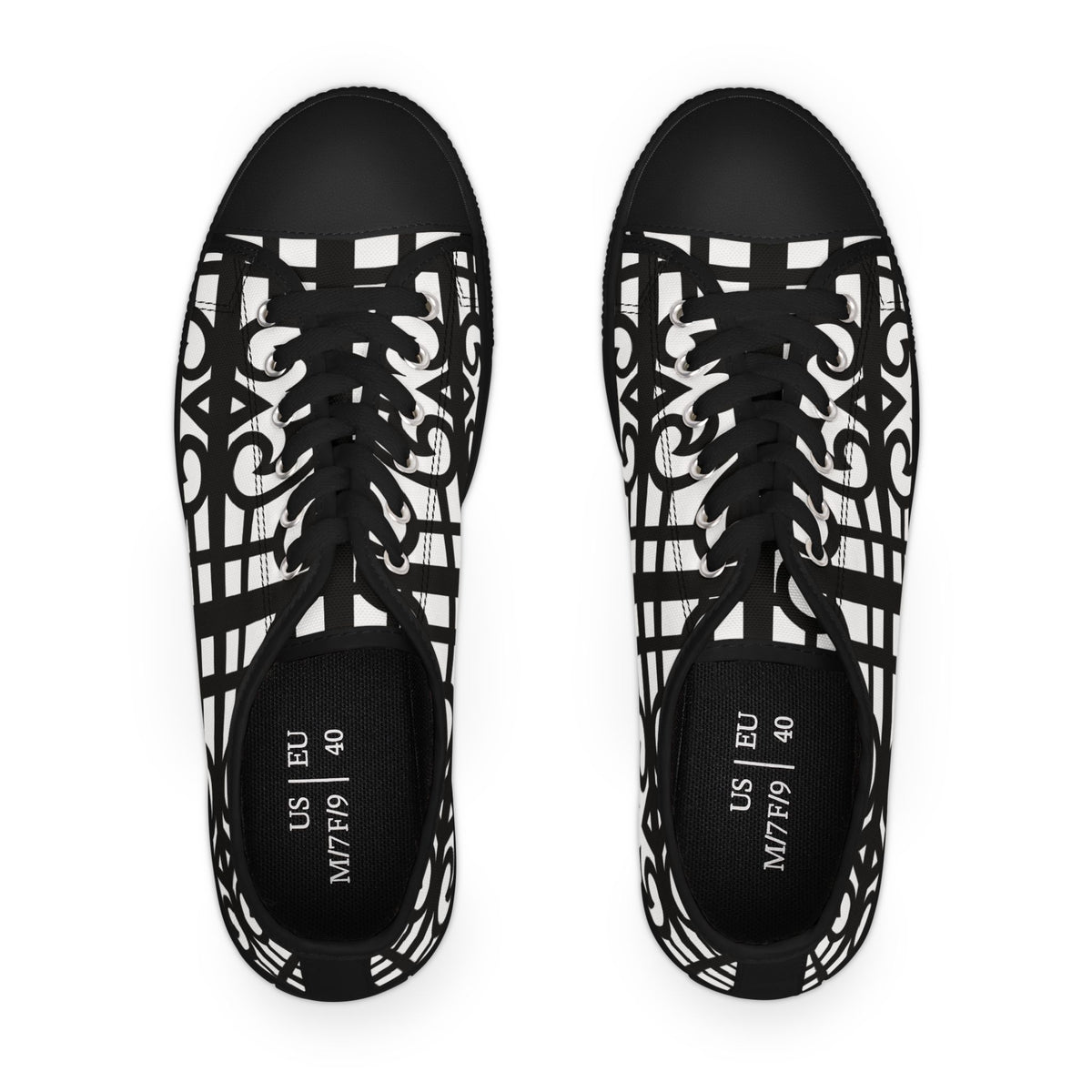 Low Top Sneakers — Black & White Geometric Lattice Pattern