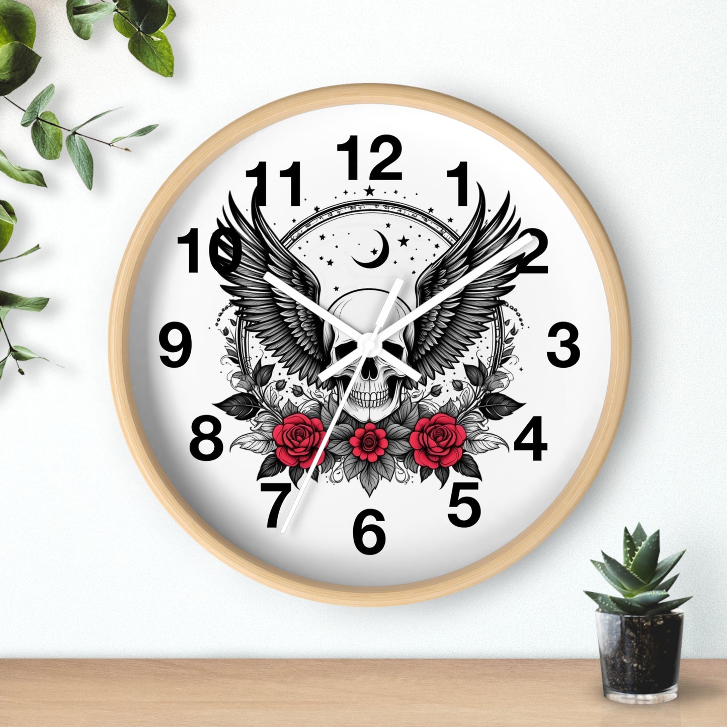 Winged Skull with Roses Wall Clock | Gothic Skull Clock