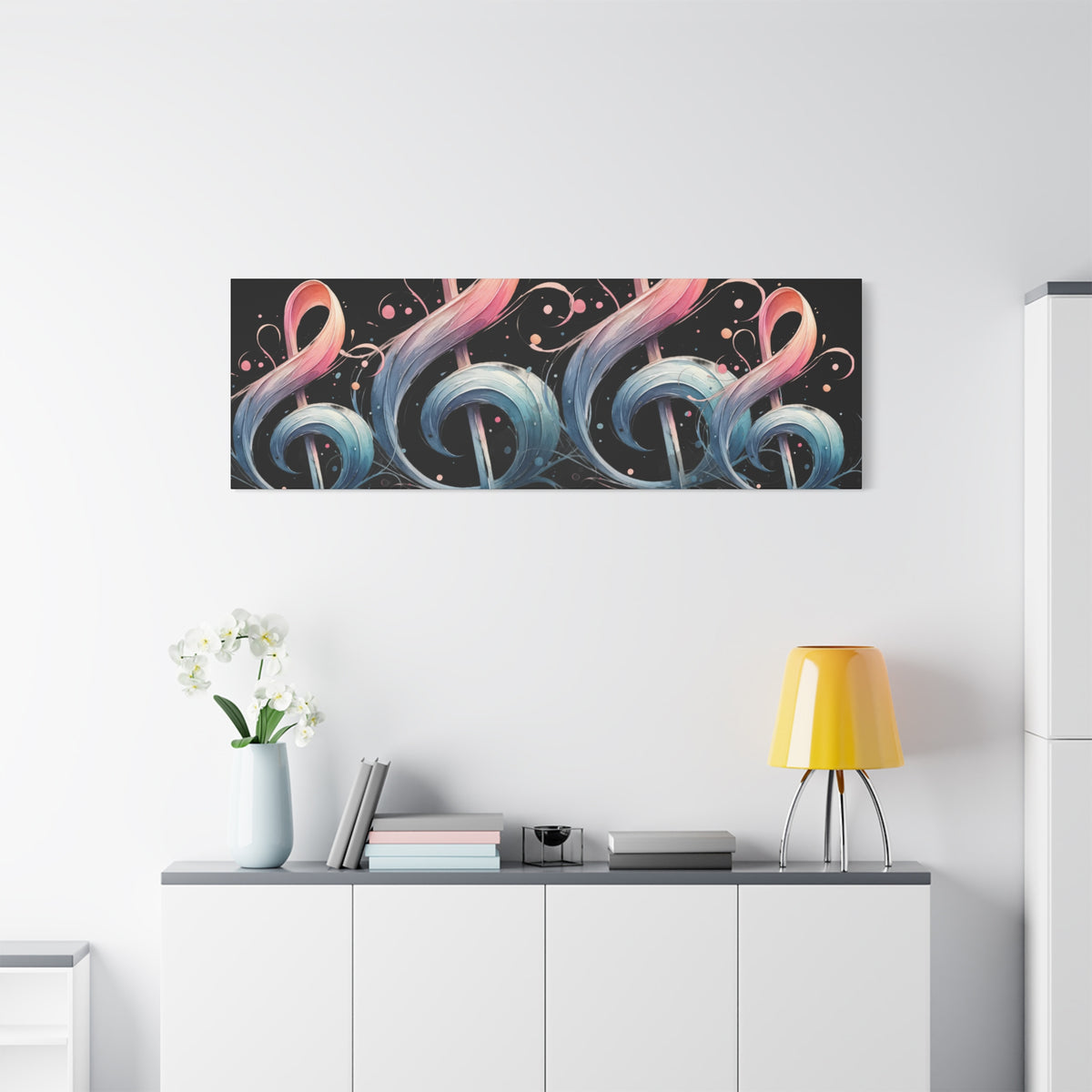 Musical Treble Clef Canvas Wall Art — Pastel Ribbon Notes on Black