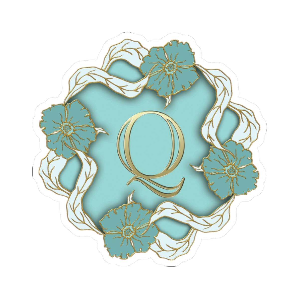 Monogram Q Floral Sticker — Gold Lettering on Teal Kiss-Cut Sticker