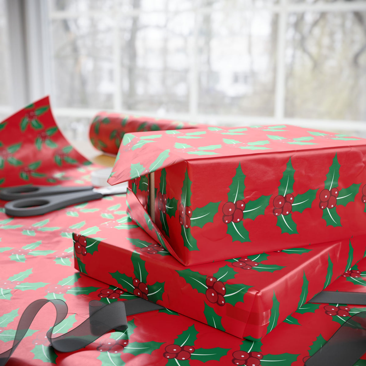 Festive Wrapping Paper Roll | Holiday Gift Wrap | Christmas Gift Wrap | Red Holly Design | Eco-Friendly Gift Wrap