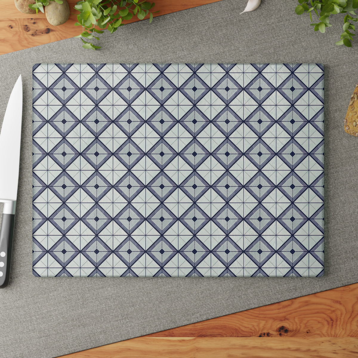 Geometric Slate Glass Cutting Board — Navy Diamond Tile Pattern