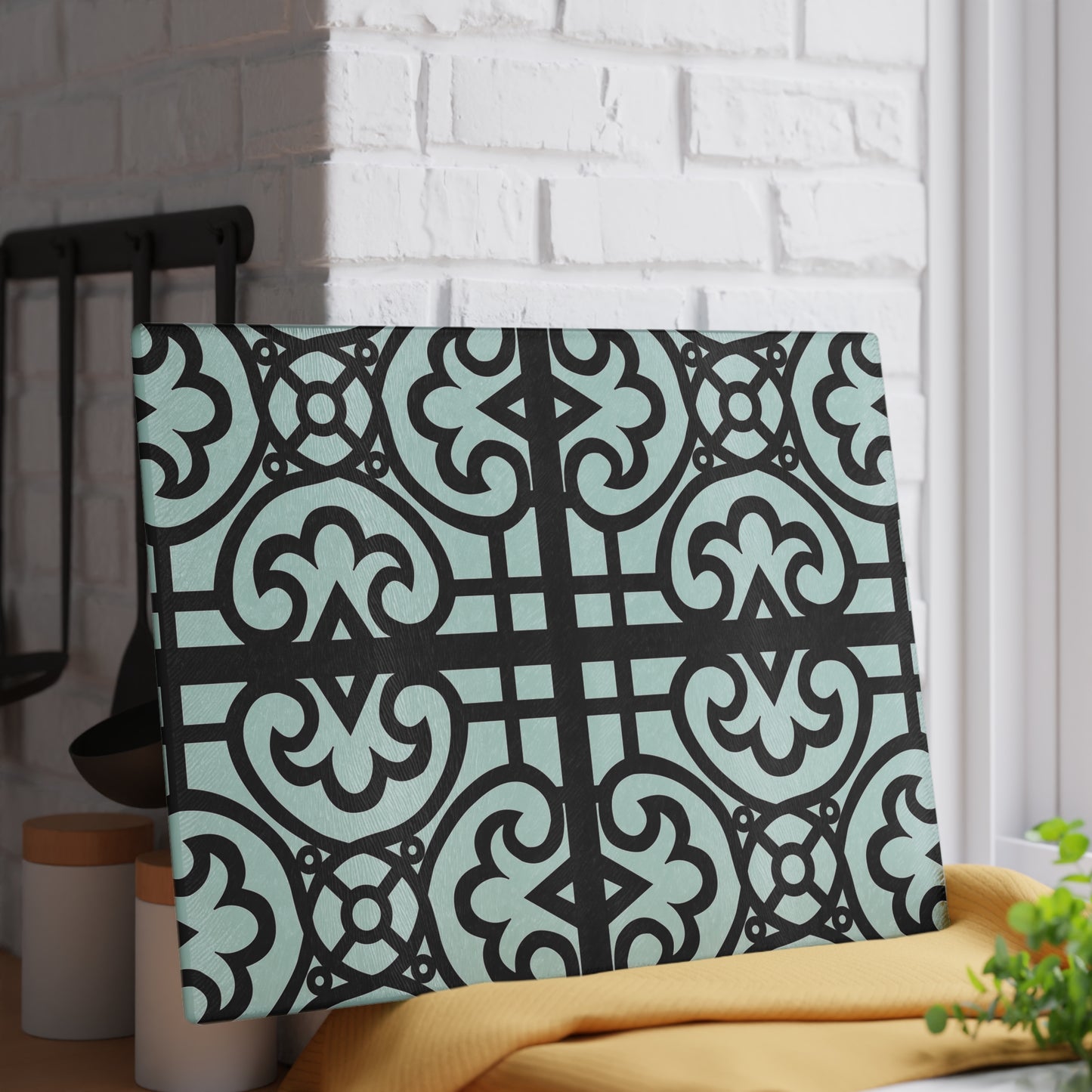 Glass Cutting Board — Decorative Moroccan Tile Pattern in Mint & Black