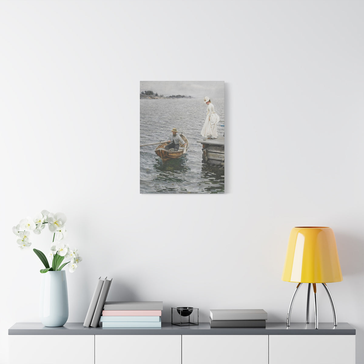 Seaside Stroll Canvas Print — Vintage Woman & Rowboat Matte Stretched Art 1.25"