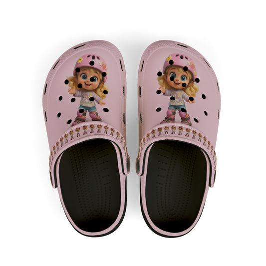 Kids Pink Character Clogs / Croc — Cute Roller Girl Graphic