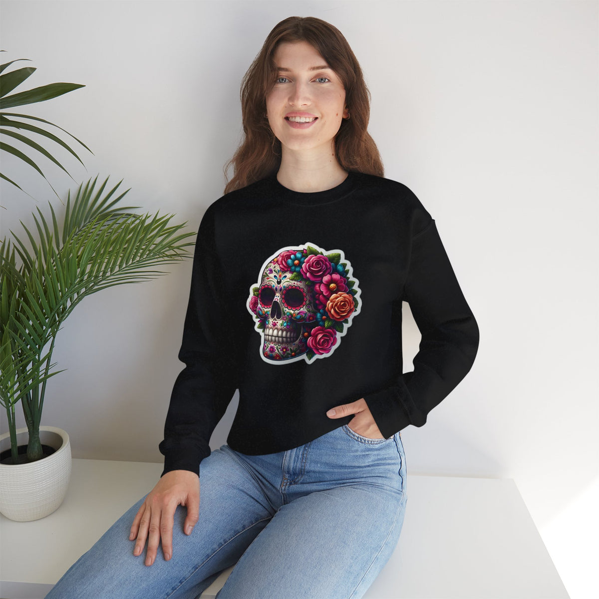 Sugar Skull Crewneck Sweatshirt — Floral Day of the Dead Graphic