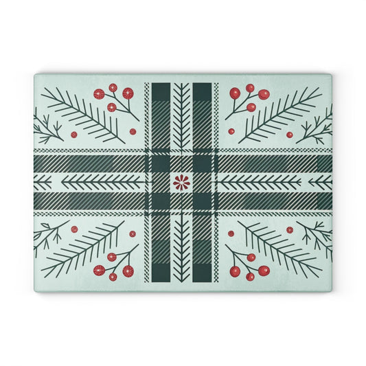 Festive Plaid & Holly Glass Cutting Board — Holiday Kitchen Decor