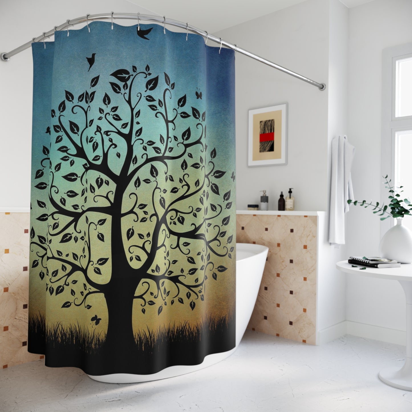 Tree Silhouette Shower Curtain — Bohemian Nature Bathroom Decor