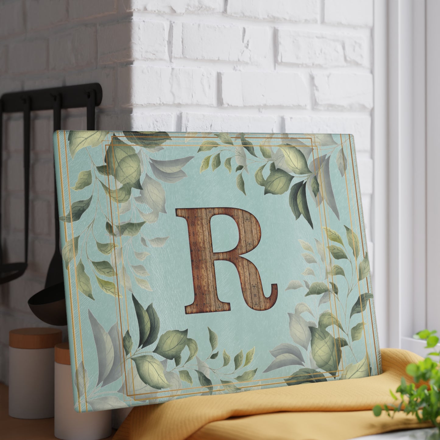 Monogram Glass Cutting Board — Rustic Wood “R” with Greenery Border