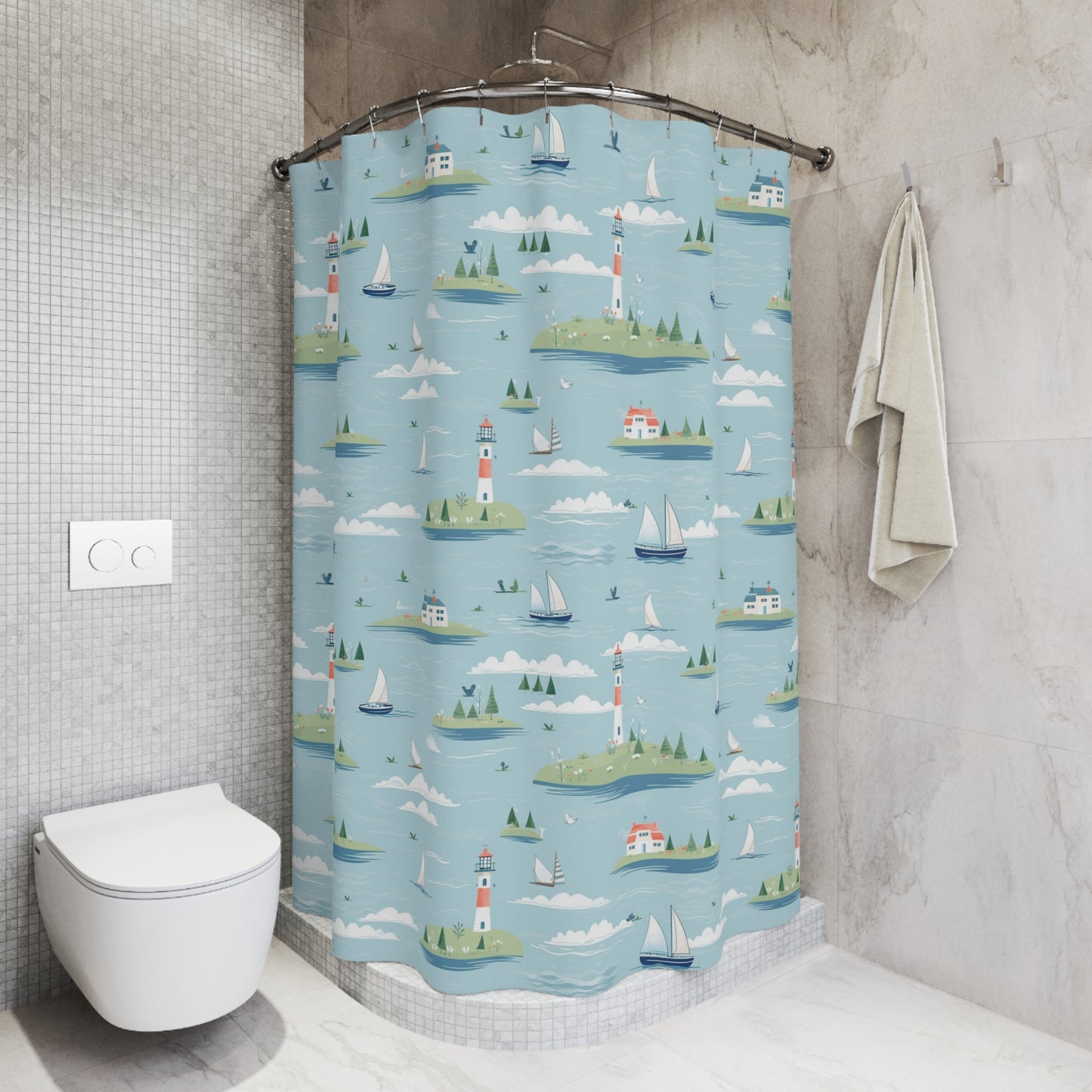 Coastal Lighthouse Shower Curtain — Nautical Island & Sailboat Bathroom Decor