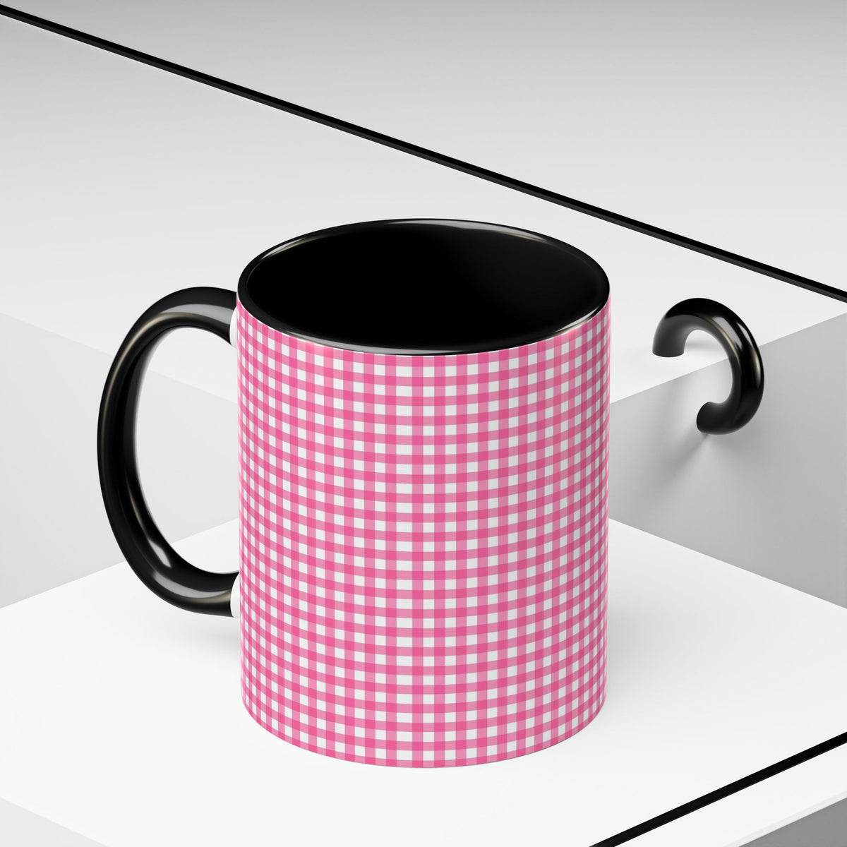 Pink Gingham Accent Coffee Mug, Cute Kitchen Decor, Gift for Coffee Lovers, Home Office Mug, Spring and Summer Vibes