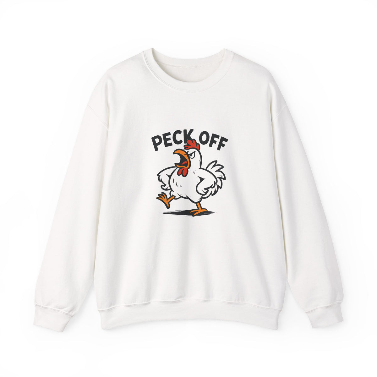 Crewneck Sweatshirt — 'Peck Off' Funny Angry Chicken Graphic
