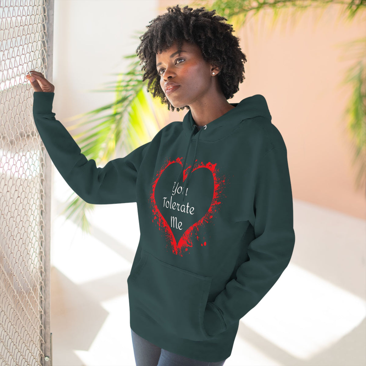 Heart Splash Hoodie — "Love Tolerate Me" Graphic Pullover