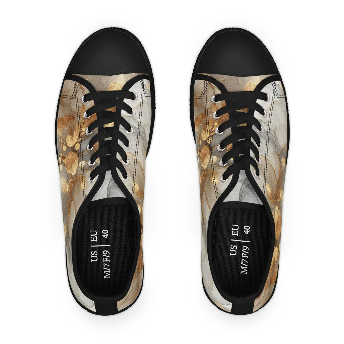 Gold Marble Women's Low Top Sneakers — Abstract Metallic Swirl Casual Shoes