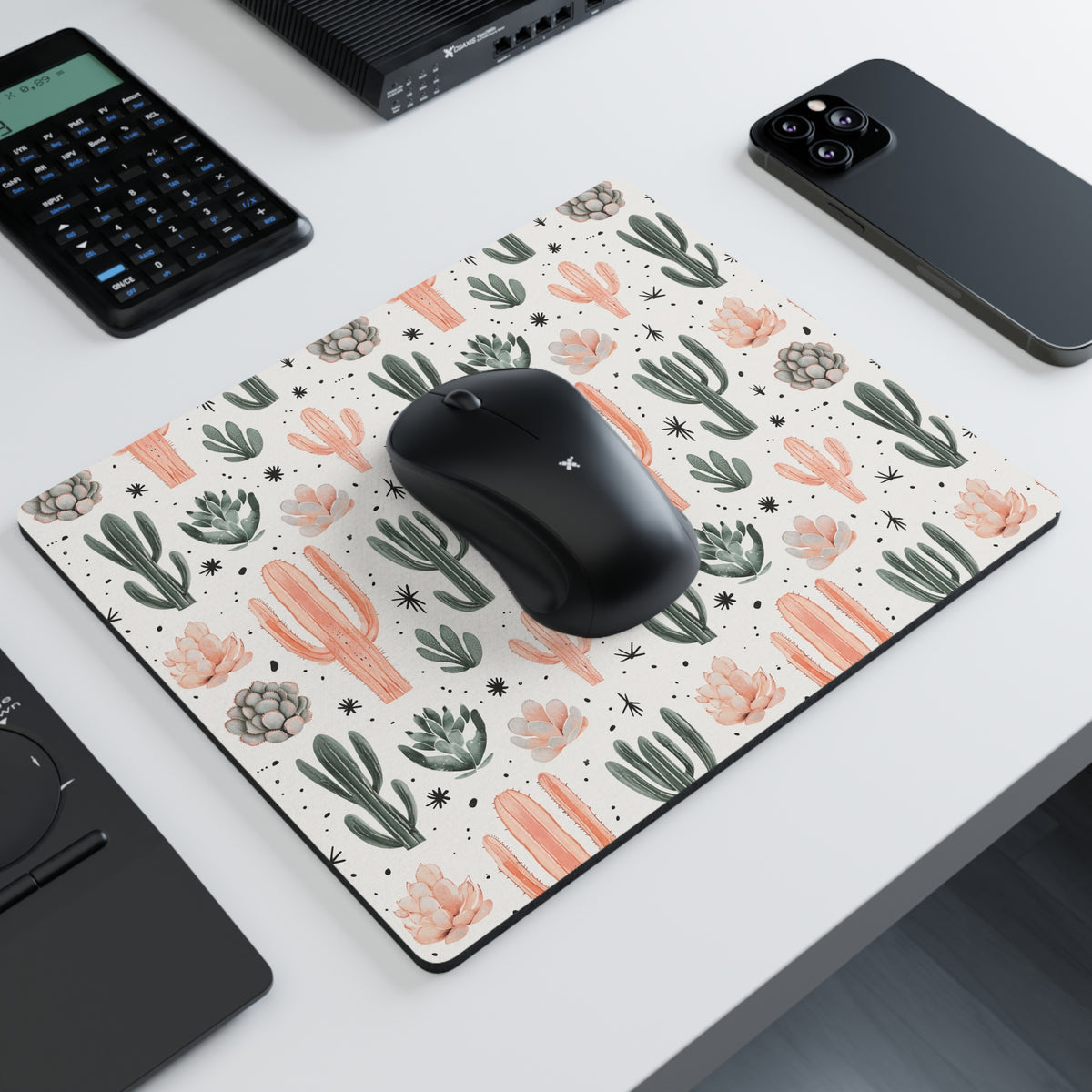 Cactus Pattern Rectangular Mouse Pad — Peach & Green Desert Succulent Desk Mat