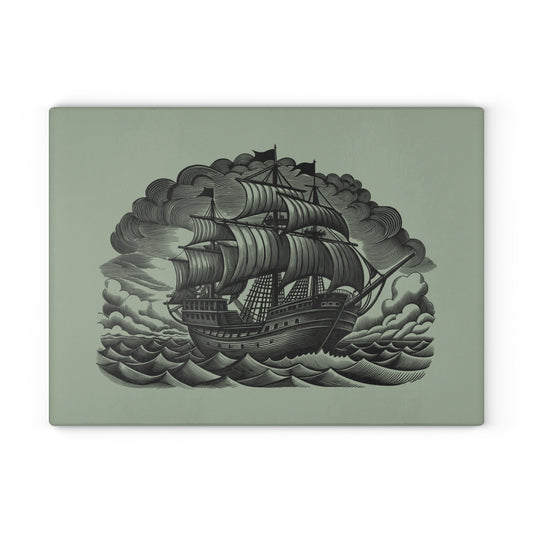 Nautical Glass Cutting Board with Ship Design - Kitchen Decor, Gift for Chefs, Housewarming, Anniversary, Maritime Themed Gift