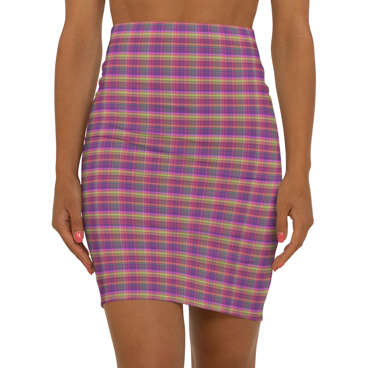 Pink Plaid Mid-Waist Pencil Skirt — Classic Tartan Print