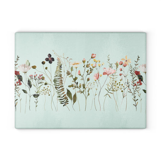 Floral Meadow Glass Cutting Board — Mint Wildflower Kitchen Prep Board