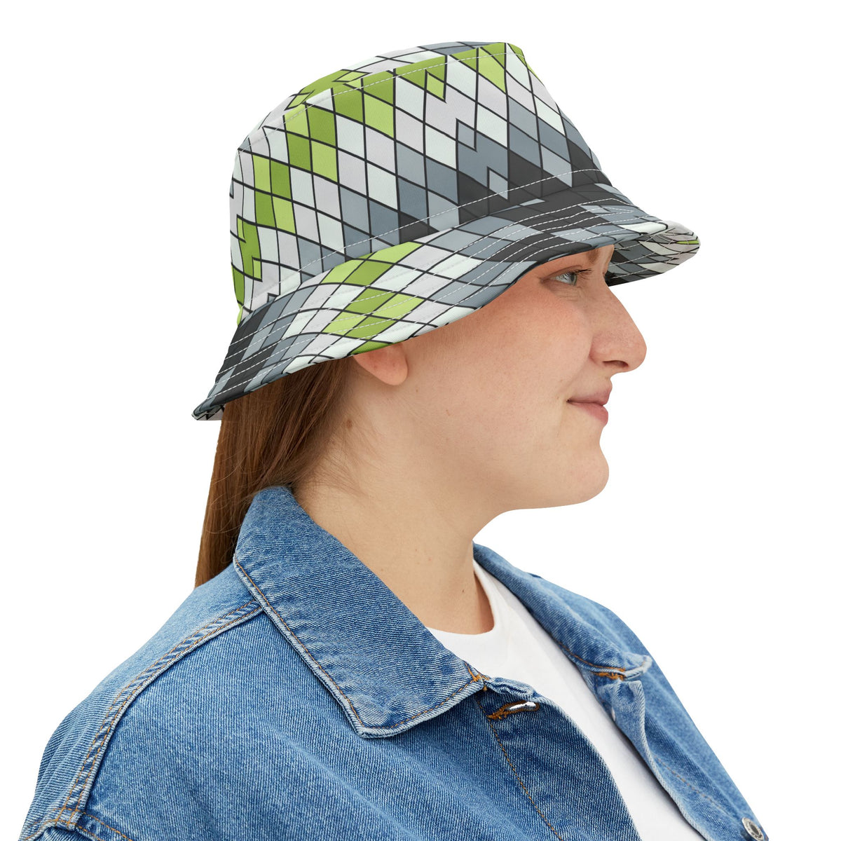 Argyle Geo Bucket Hat — Green & Gray Patterned Summer Sun Hat