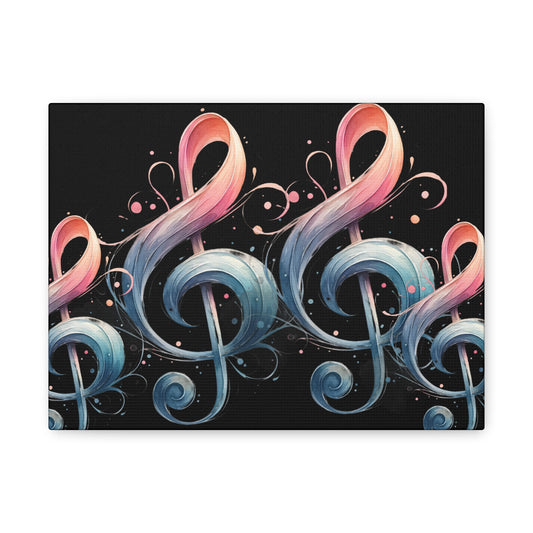 Musical Treble Clef Canvas Wall Art — Pastel Ribbon Notes on Black