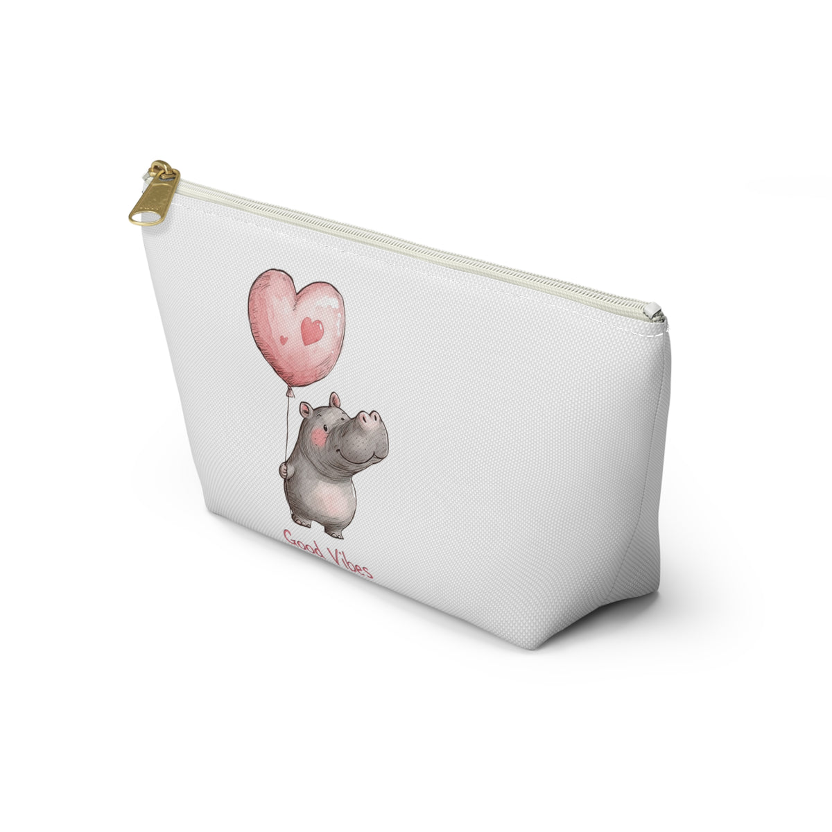 Good Vibes Hippo Accessory Pouch, Cute Makeup Bag, Gift for Animal Lovers, Fun Travel Organizer, Heart Balloon Design