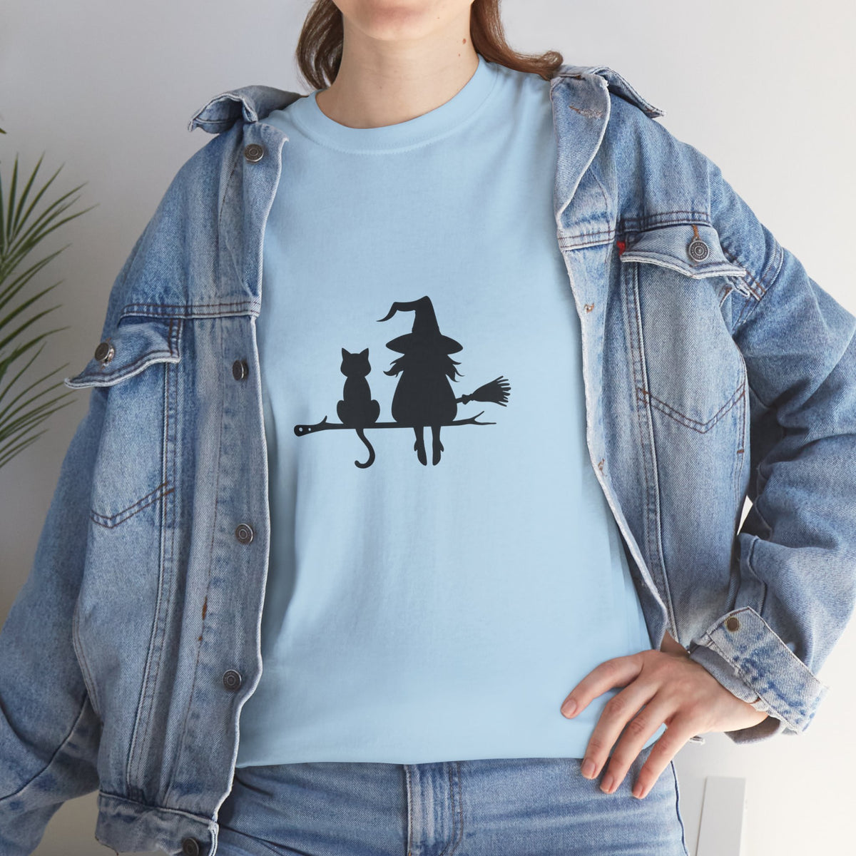Witch and Cat Tee | Spooky Unisex Shirt for Halloween | Cute Witchwear for Cat Lovers | Fall Wardrobe Essential | Gift for Magical Friends