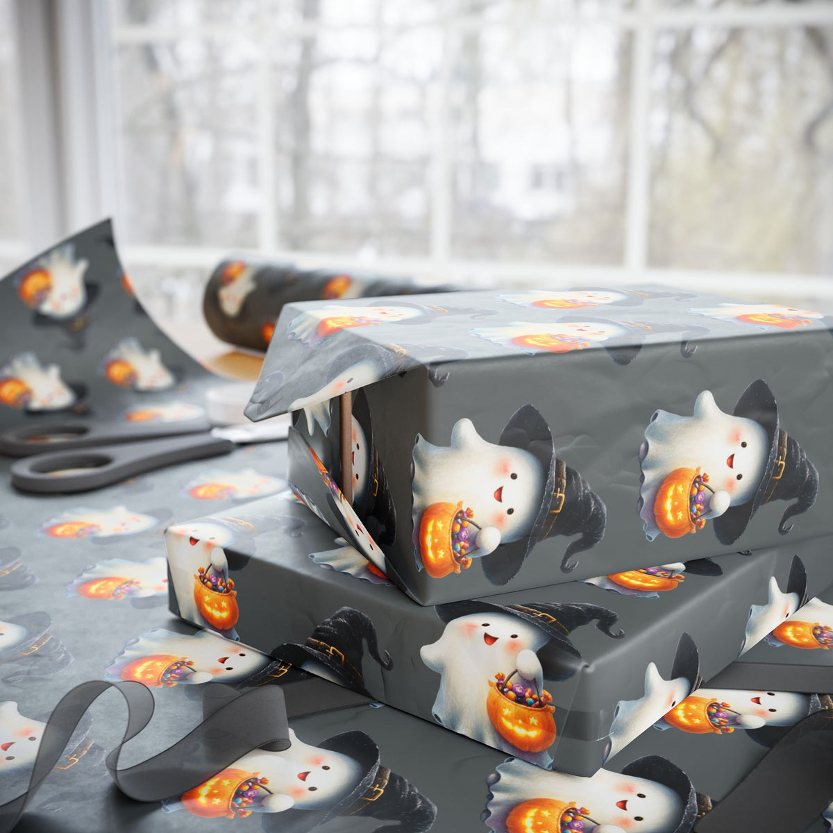 Ghostly Halloween Wrapping Paper, Spooky Gift Wrap, Treats & Trick Paper, Festive Holiday Supplies, Cute Ghost Design