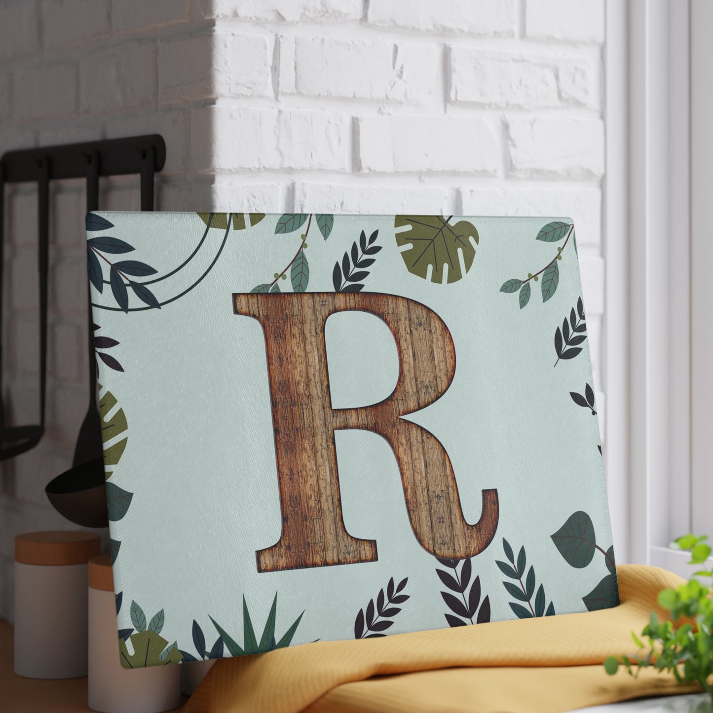 Monogram 'R' Glass Cutting Board — Rustic Wood Letter on Botanical Background