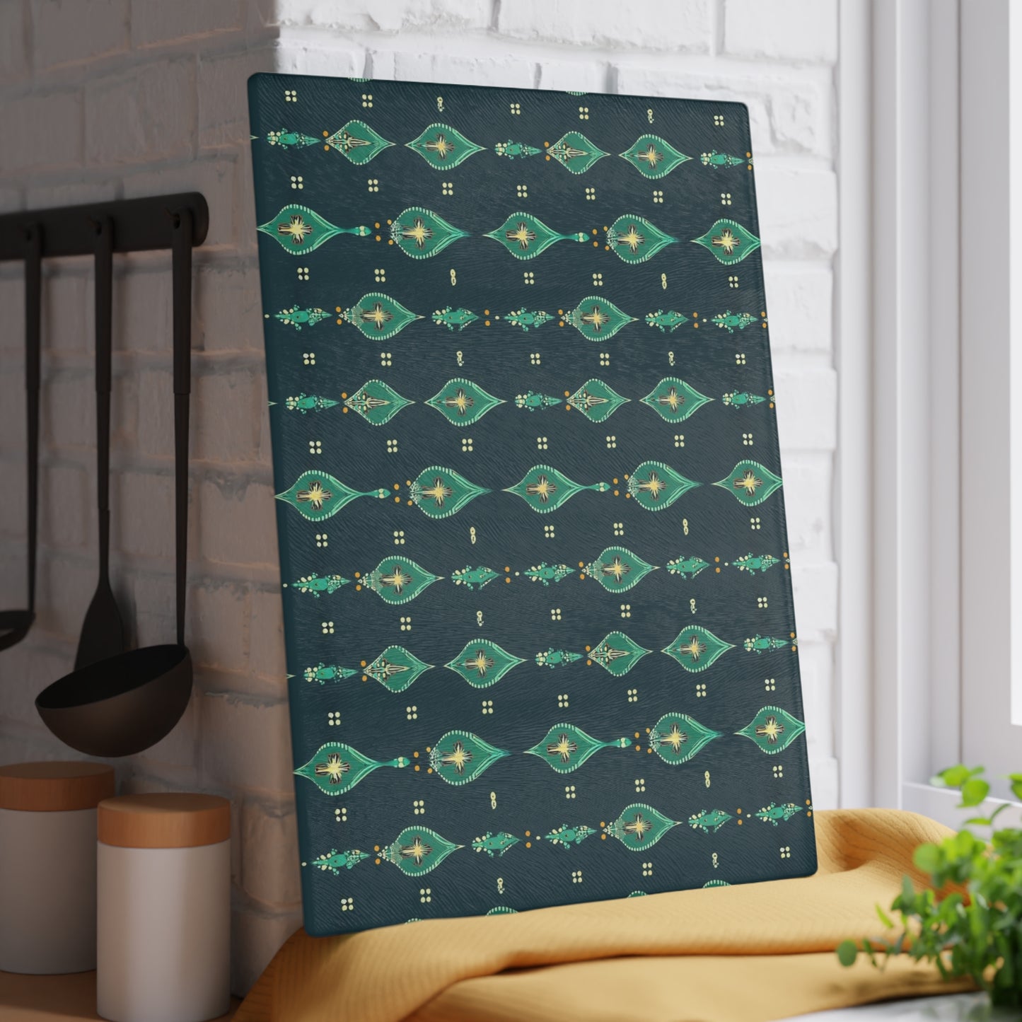 Teal Retro Geometric Glass Cutting Board