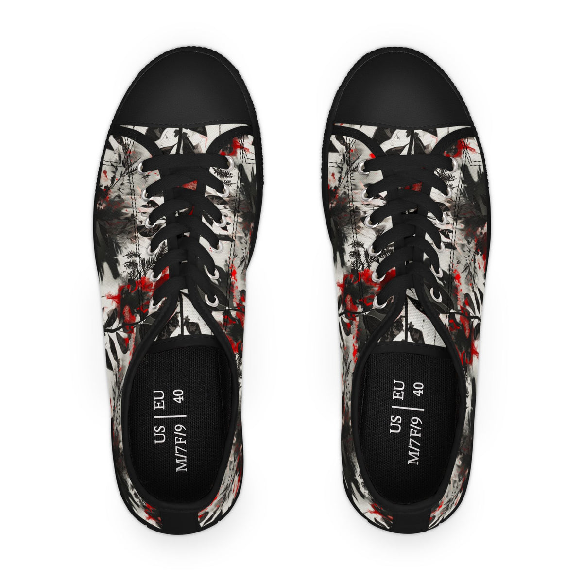 Floral Ink-Blend Low Top Sneakers — Artistic Black & Red Canvas Shoes