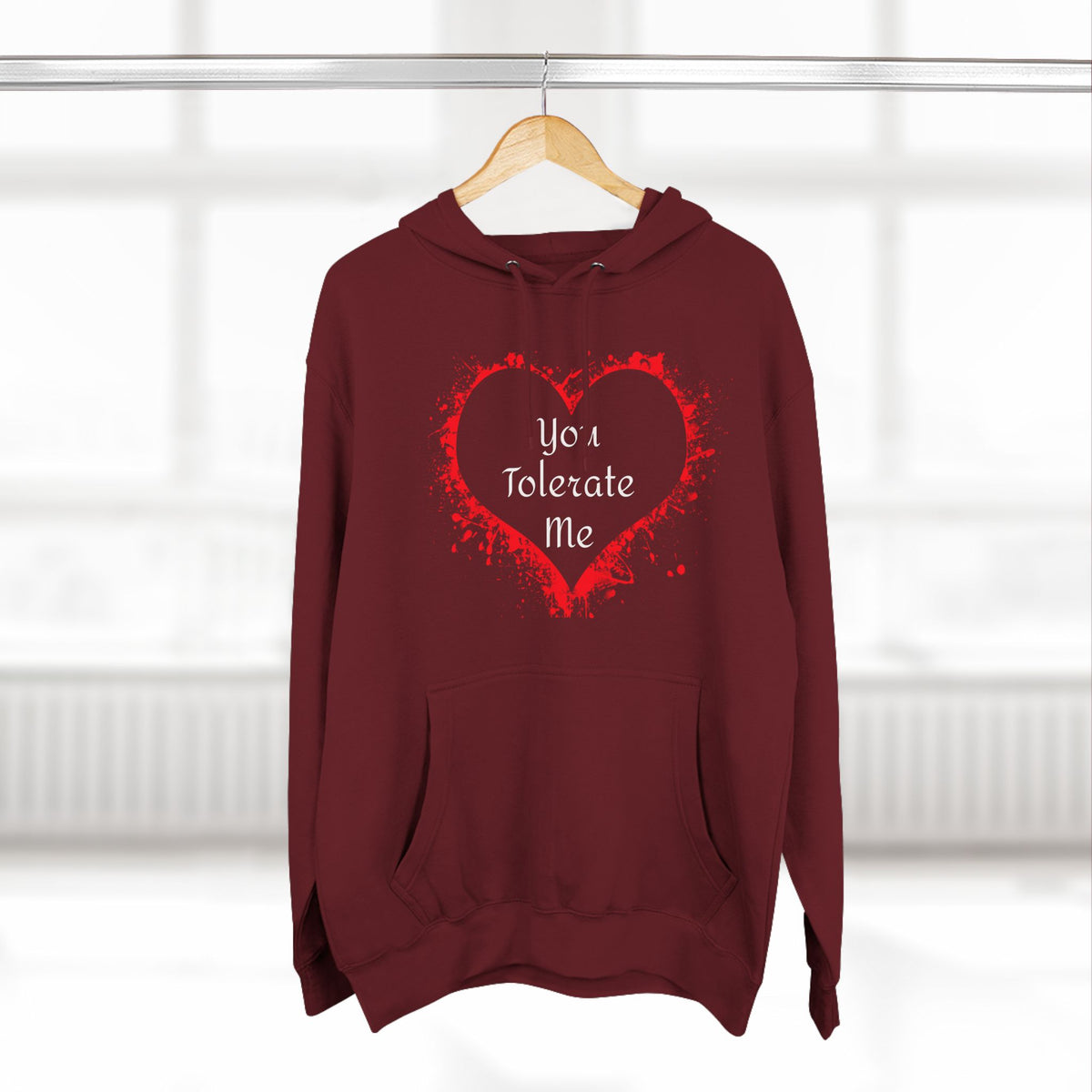 Heart Splash Hoodie — "Love Tolerate Me" Graphic Pullover