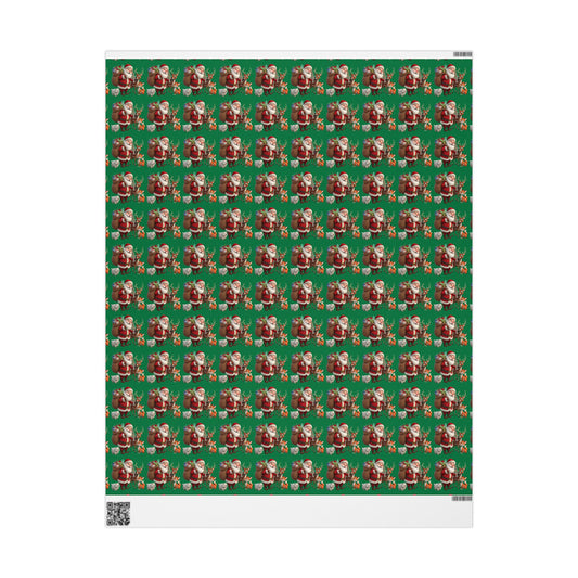 Christmas Santa & Reindeer Wrapping Paper Roll — Festive Green Holiday Gift Wrap