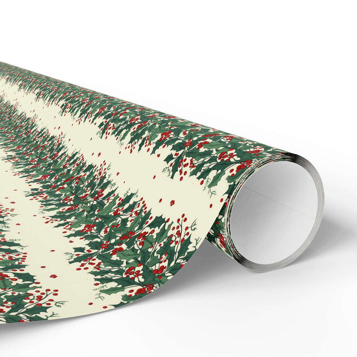 Holiday Pine Sprig Wrapping Paper Roll — Festive Green & Red Gift Wrap