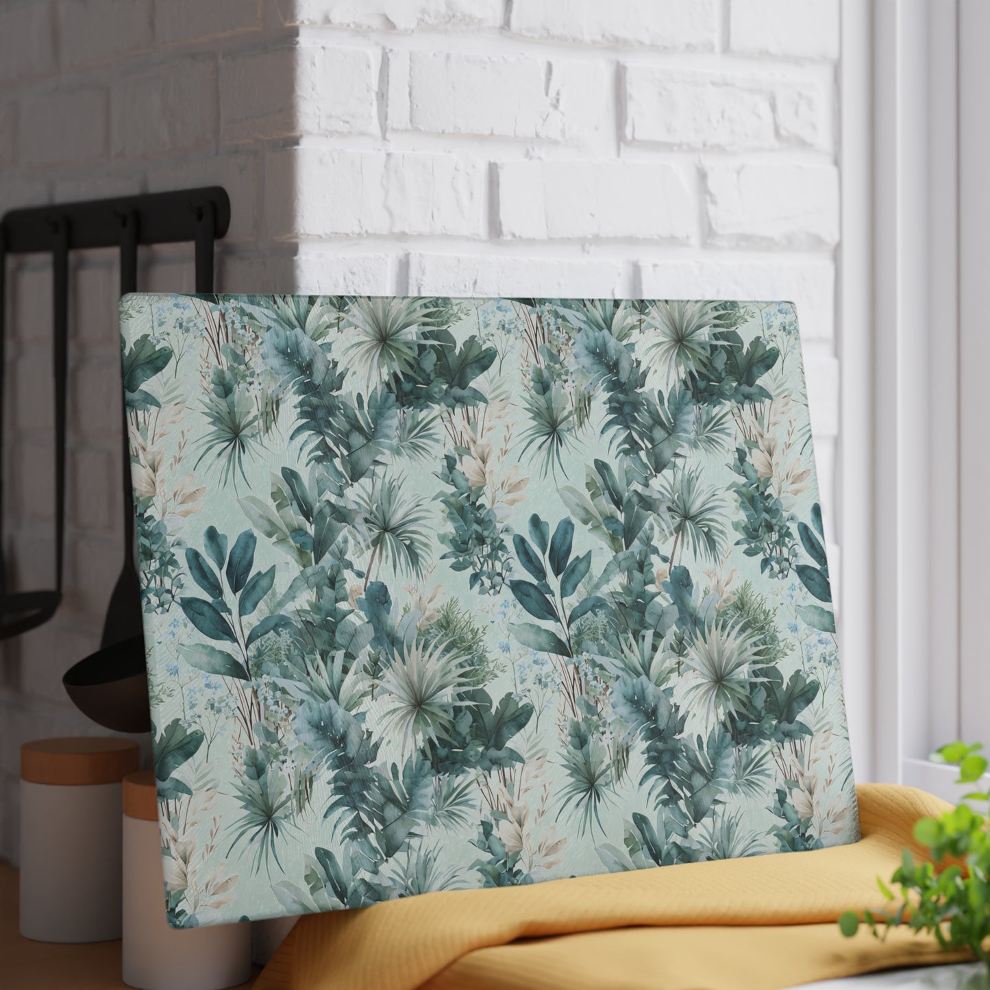 Botanical Glass Cutting Board - Teal Tropical Palm Pattern