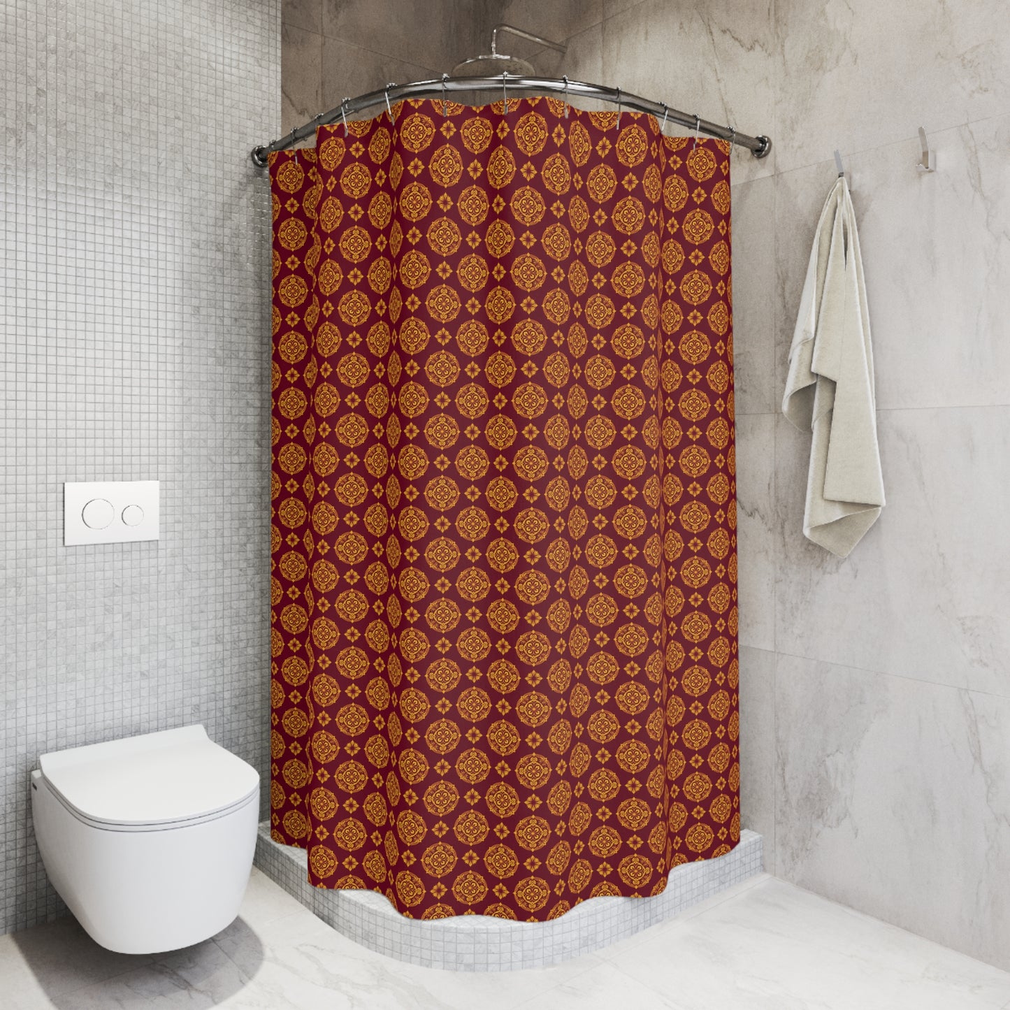 Moroccan Tile Pattern Shower Curtain — Red & Gold Bohemian Bathroom Decor