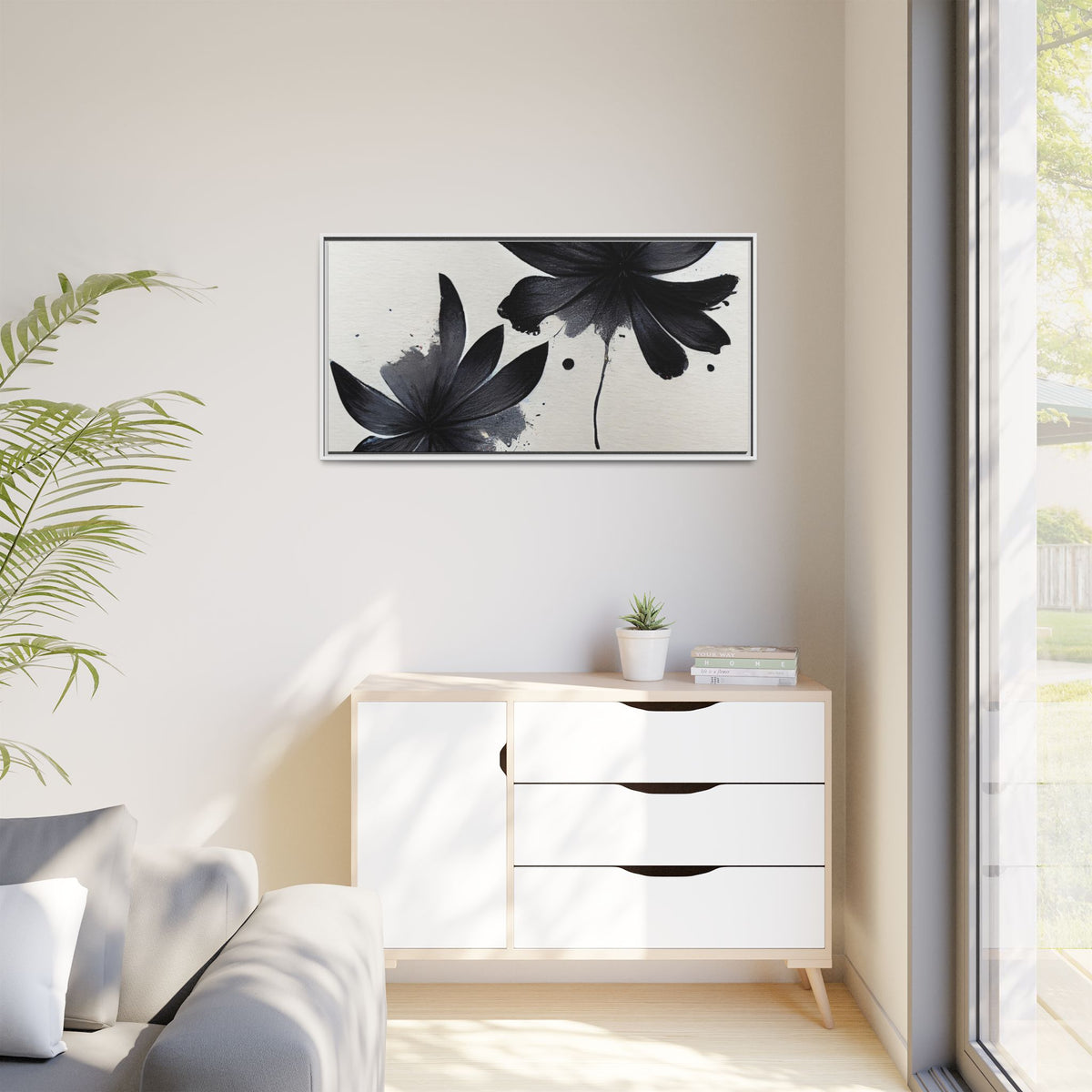 Framed Black Floral Matte Canvas Wall Art — Monochrome Botanical Print