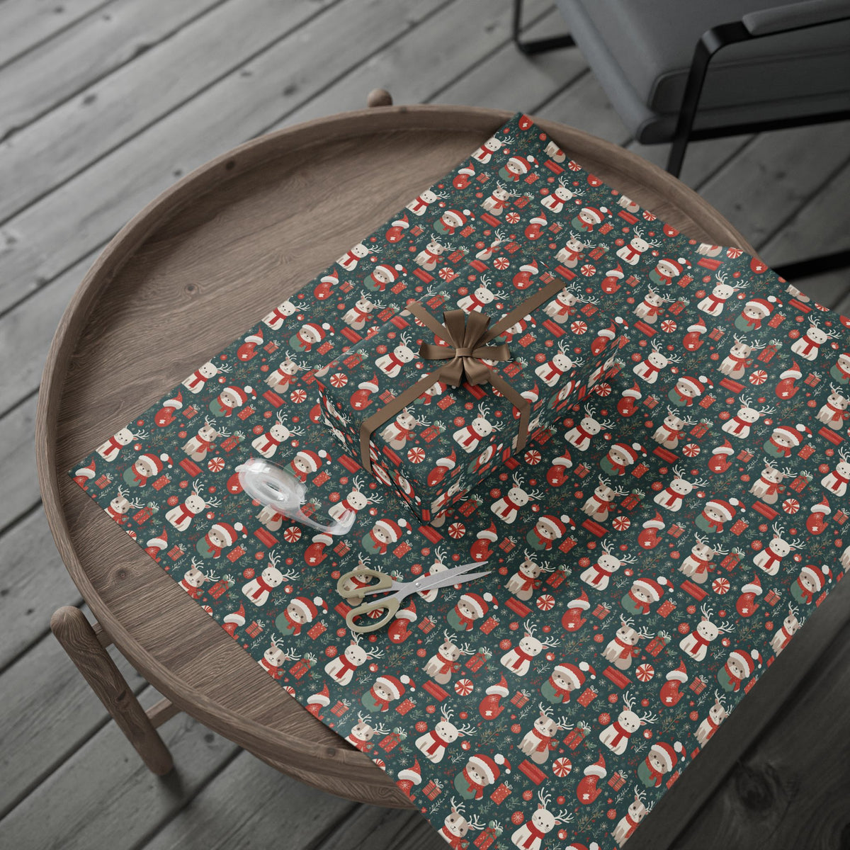 Christmas Wrapping Paper Roll — Cute Santa & Reindeer Pattern, Holiday Gift Wrap