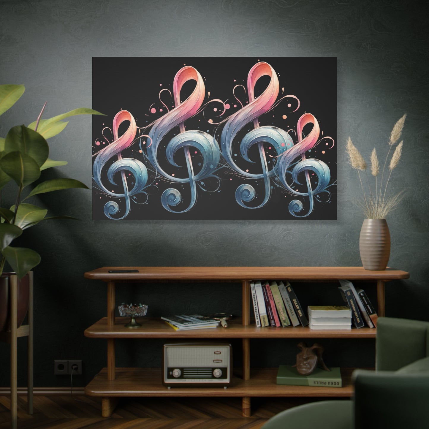 Musical Treble Clef Canvas Wall Art — Pastel Ribbon Notes on Black