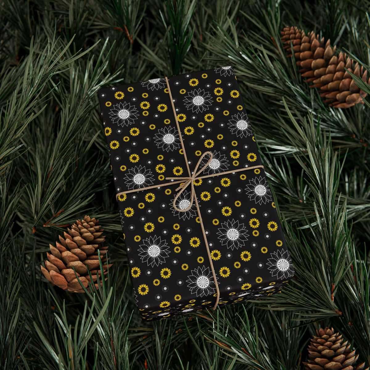 Sunflower Doodles Wrapping Paper Roll — Black & Yellow Floral Gift Wrap