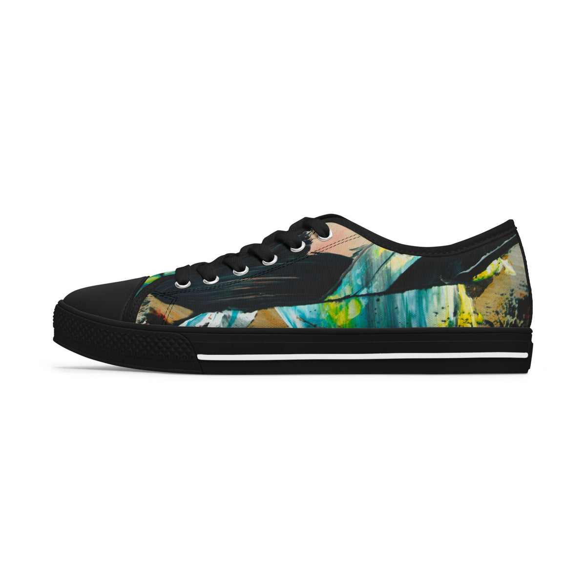 Low Top Sneakers — Abstract Teal & Yellow Brushstroke Canvas Shoes