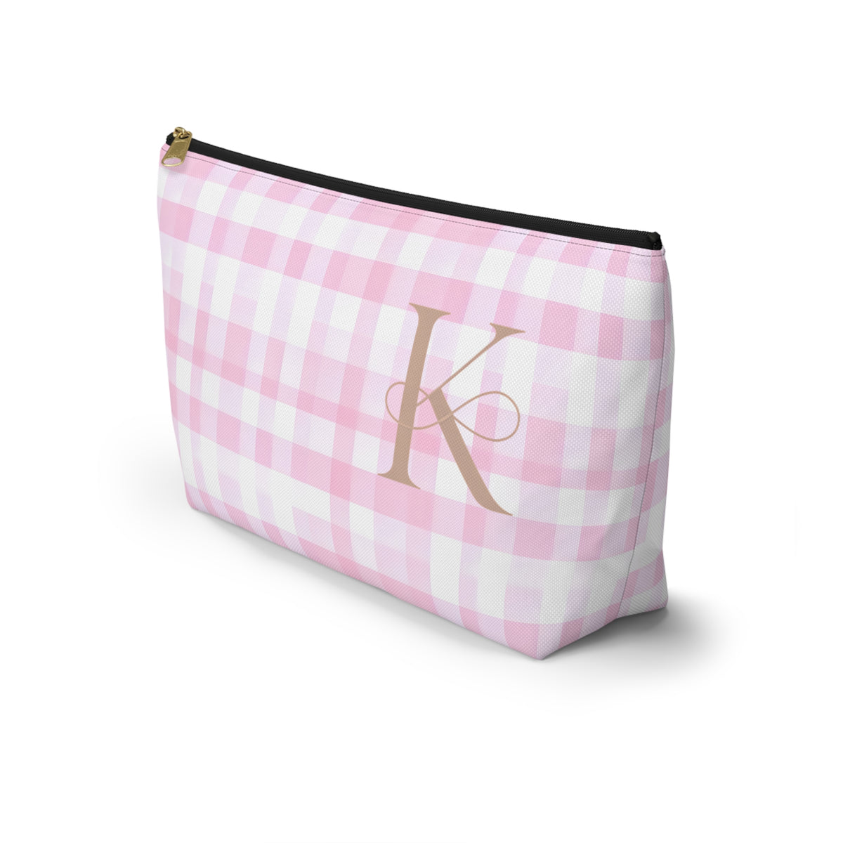 Personalized Pink Gingham Accessory Pouch, Makeup Bag - Letter K