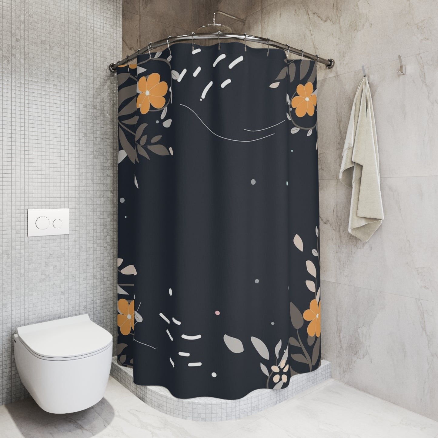 Dark Floral Shower Curtain — Modern Navy Bathroom Decor with Orange Blooms