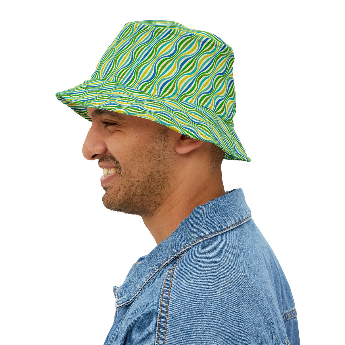 Green Wave Pattern Bucket Hat — Retro Groovy Summer Sun Hat