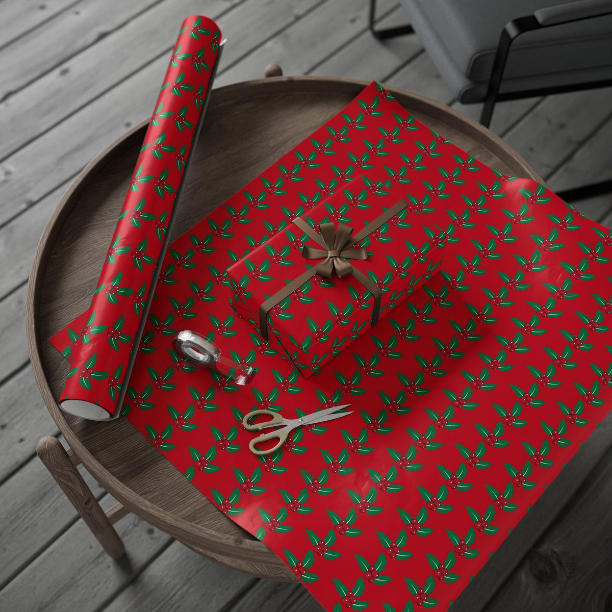Festive Wrapping Paper Roll | Holiday Gift Wrap | Christmas Gift Wrap | Red Holly Design | Eco-Friendly Gift Wrap