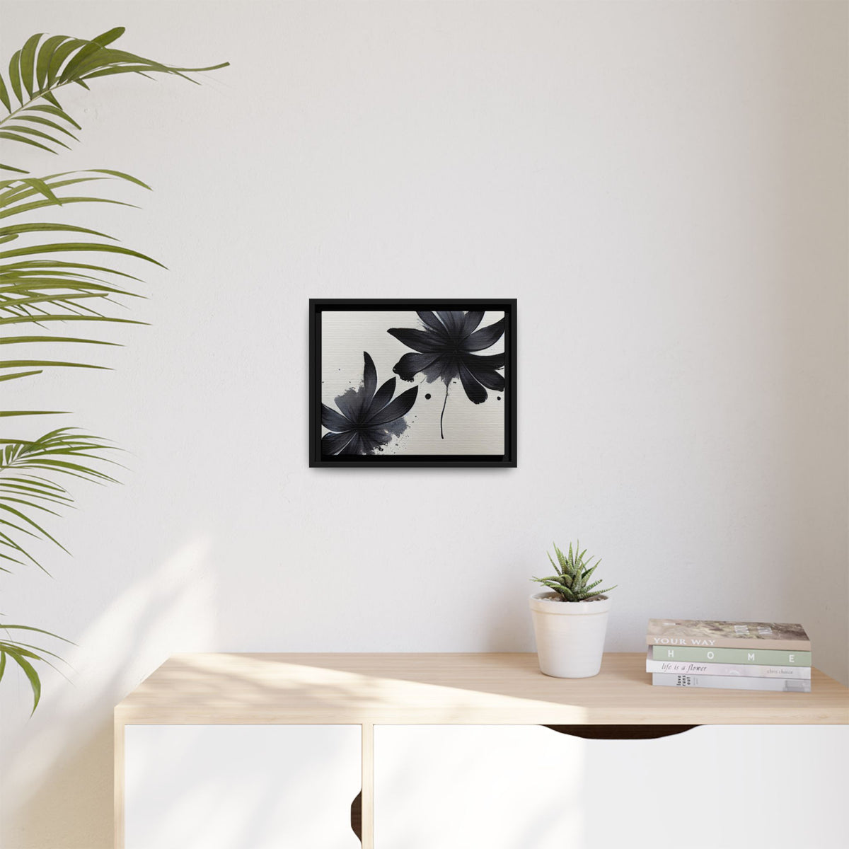 Framed Black Floral Matte Canvas Wall Art — Monochrome Botanical Print